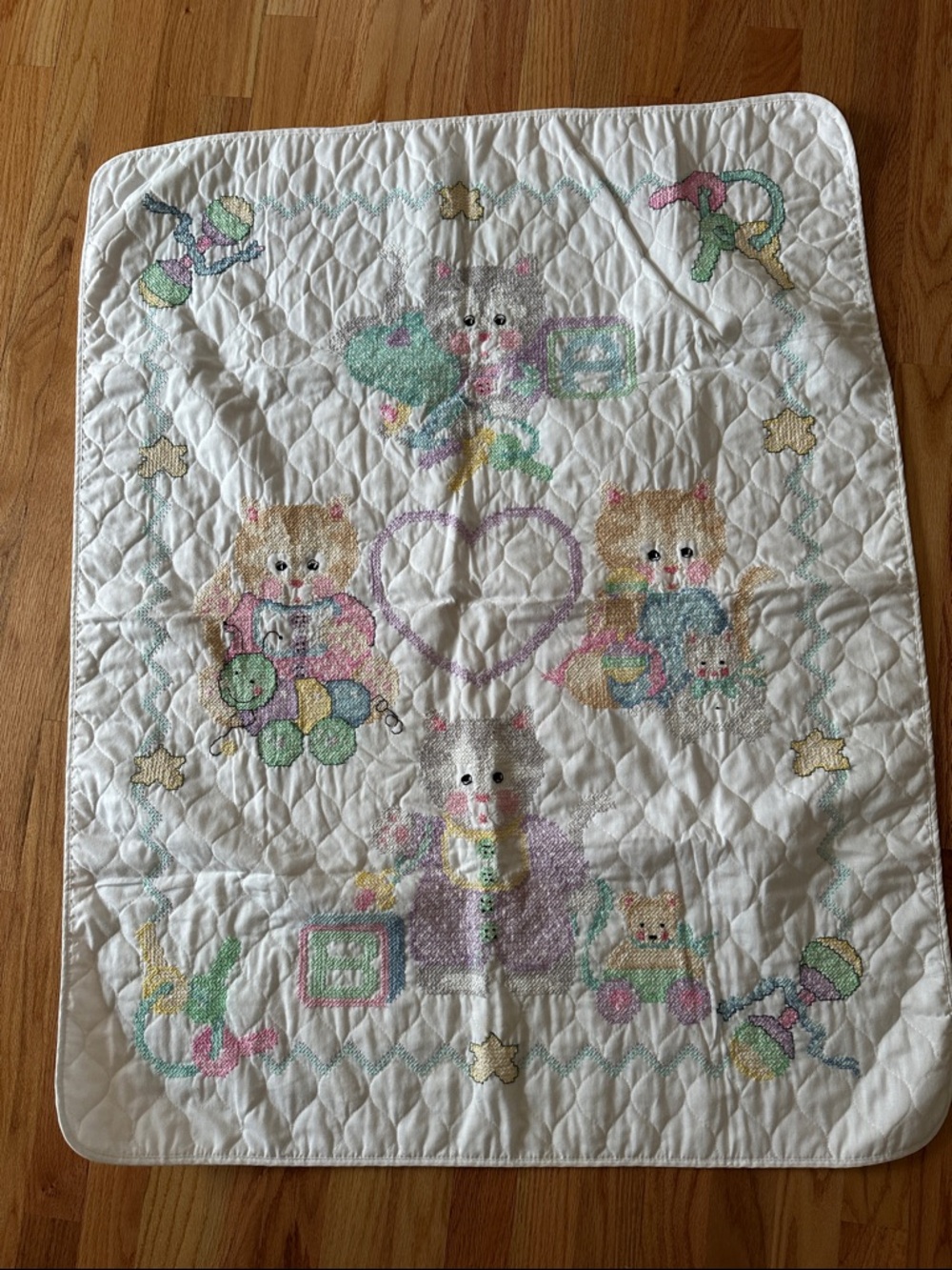 Vintage early 1990 Janlynn Quilted baby crib cover blanket play mat cross stitch